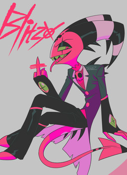 anthro clothed clothing crystal fingers forked_tongue gesture grey_background hand_gesture horn jewelry male middle_finger necklace red_body red_skin sharp_teeth simple_background solo spade_tail striped_horn stripes suit tail teeth text tongue vaporwave enaic31 hellaverse helluva_boss blitzo_(helluva_boss) demon imp 2025 absurd_res character_name digital_media_(artwork) english_text hi_res