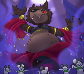 anthro belly brown_body brown_fur dancing fur group male micro red_sclera simple_background size_difference denaturedalbumin denatured_albumin_(character) canid canine canis mammal mouse murid murine rodent wolf 2023 hi_res tagme