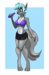 anthro awkward bikini blue_hair border bottomwear breasts brown_eyes clothing curvy_figure dildo female fur green_eyes grey_body grey_fur hair heterochromia hourglass_figure looking_down pants sex_toy simple_background small_waist solo swimwear two-piece_swimsuit white_border michael345 canid canine canis mammal wolf hi_res