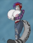 anthro big_breasts bottomwear breasts clothing denim denim_bottomwear denim_clothing female huge_breasts hyper hyper_breasts jeans leopard_spots nipples pants small_waist solo spots tail top_heavy gideon jade_(labbeh) felid leopard mammal pantherine snow_leopard 2011