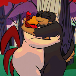 anthro balls beak black_body black_fur brown_body brown_fur duo feathers fur genitals kissing male male/male red_body red_feathers tail tail_feathers toony white_body white_feathers joesanchez looney_tunes warner_brothers foghorn_leghorn gunner_rotthbauer avian bird canid canine canis chicken domestic_dog galliform mammal mastiff molosser phasianid rottweiler 1:1 absurd_res digital_media_(artwork) hi_res