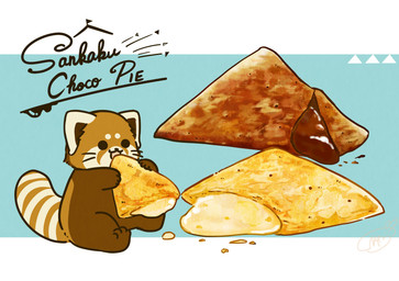 biped brown_body brown_fur candy chibi chocolate dessert dot_eyes eating feral food fur micro simple_eyes sitting solo text shi_nominmin ailurid mammal red_panda 2020 hi_res