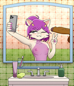 2_horns 5_fingers anthro balls bathroom big_penis blush bottle breasts brown_genitals brown_penis brush cellphone choker clothing colored_fingernails colored_nails container cute_fangs detailed_background disembodied_penis duo electronics erection eyebrows eyelashes facial_tuft fangs female female_anthro fingernails fingers foreskin genitals gesture glans glass grey_eyes hair hair_bun hand_gesture holding_cellphone holding_object holding_phone horn humanoid_genitalia humanoid_penis imminent_oral imminent_sex inside jewelry looking_at_object looking_at_viewer male male/female mirror mirror_selfie nails necklace nipples nude nude_anthro nude_female one_eye_closed partially_retracted_foreskin penis phone pink_nails presenting purple_hair reflection scales selfie shirt sink small_breasts smartphone smile solo_focus taking_picture tan_body teeth tile tile_wall topwear tuft v_sign vein veiny_penis wall_(structure) white_body wink winking_at_viewer yellow_horn young young_anthro celestebunny mythology tyna_the_kobold dragon kobold mythological_creature mythological_scalie scalie absurd_res detailed hi_res shaded