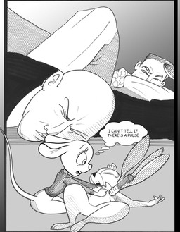 ambiguous_death anthro bottomless bottomless_female clothed clothing dart duo ears_back female furrowed_eyebrows male male/female pivoted_ears scared sitting size_difference thinking unconscious chris_fischer chip_'n_dale_rescue_rangers disney gadget_hackwrench chipmunk ground_squirrel human mammal mouse murid murine rodent sciurid hi_res
