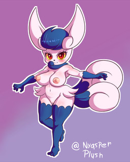 anthro big_breasts blue_hair blush breasts embarrassed female fur genitals grumpy hair nipples pink_nipples red_eyes simple_background solo thick_thighs vulva white_body white_fur wide_hips yellow_sclera nyasplush nintendo pokemon felid feline generation_6_pokemon mammal meowstic pokemon_(species) 2021 4:5 digital_media_(artwork) hi_res watermark