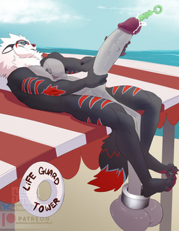 anthro ball_stretcher ball_stretching ball_weights balls big_balls big_glans big_penis bodily_fluids cum foreskin genital_fluids genitals glans huge_balls huge_penis hyper hyper_balls hyper_genitalia hyper_penis lifeguard lifeguard_tower male mane masturbation muscular muscular_anthro muscular_male object_in_urethra penetration penis saggy_balls solo sounding_rod urethral urethral_bulge urethral_penetration snowmutt nintendo pokemon arca arcanine generation_1_pokemon pokemon_(species) absurd_res hi_res