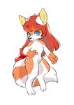 3_toes 4_fingers anthro black_nose blue_eyes bow_ribbon feet female fingers fur hair inner_ear_fluff looking_at_viewer orange_body orange_fur paws red_hair simple_background solo toes tuft white_background white_body white_fur aishasoup sami_(red_panda) ailurid mammal red_panda hi_res