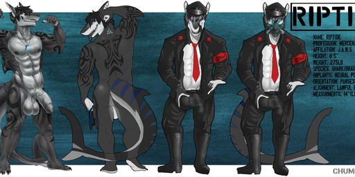 anthro balls black_bottomwear black_clothing black_footwear black_hair black_hat black_headwear black_jacket black_markings black_pants black_shoes black_topwear blue_eyes blue_markings bottomwear bulge clothed clothing detailed_bulge flexing flexing_bicep footwear foreskin front_view fur genital_outline genitals grey_body grin hair hat headgear headwear humanoid_genitalia humanoid_penis jacket licking licking_lips licking_own_lips male male_anthro markings mask muscular muscular_anthro muscular_male nude open_clothing open_jacket open_topwear pants penis penis_outline rear_view short_hair simple_background smile solo standing striped_markings striped_tail stripes tail tail_markings tongue tongue_out topwear vein veiny_penis wearing_mask white_balls white_body white_clothing white_fur white_penis white_topwear chumbasket riptide_(riptideshark) aquatic fish shark 2015 hi_res model_sheet