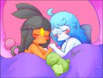 ahoge anthro bed bedding black_hair blanket blaze_(marking) blue_hair blue_outline blush breasts curled_tail duo eyes_closed facial_markings female furniture green_outline hair hand_holding head_markings markings on_bed open_mouth orange_body outline pillow pokemorph red_outline sleeping smile tail under_covers white_body alyrise nintendo pokemon caramel_(basketgardevoir) celeste_(basketgardevoir) substitute_doll generation_5_pokemon mammal mustelid oshawott pokemon_(species) suina tepig digital_media_(artwork) signature