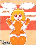 4:5 anthro blonde_hair bodysuit breasts carrot_(one_piece) clothing dialogue female fur glistening glistening_body gloves hair handwear hi_res lagomorph latex latex_clothing legwear leporid looking_at_viewer mammal one-piece_swimsuit one_piece orange_clothing panties rabbit sillyniko simple_background skinsuit small_breasts smile solo swimwear thick_thighs thigh_highs tight_clothing underwear white_body white_fur wide_hips
