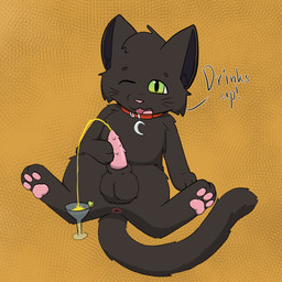 3_fingers 3_toes animal_genitalia animal_penis anus balls bodily_fluids cocktail_garnish cocktail_glass collar collar_tag container cup drinking_glass feet feline_genitalia feline_penis feral fingers food fruit genital_fluids genitals glass glass_container glass_cup green_eyes holding_penis leaning leaning_backward male moon_collar_tag olive_(fruit) one_eye_closed open_mouth pawpads peeing peeing_into_cup penile_spines penis plant simple_background solo tail teeth text toes urine whiskers cookid happy_(lobotodoc) domestic_cat felid feline felis mammal 1:1