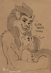 2019 amari_shawri anthro brown_background conditional_dnp dialogue digital_drawing_(artwork) digital_media_(artwork) duo english_text eye_contact face_in_chest face_on_chest fangs felid female fluff-kevlar fur giggle hair hand_on_arm hand_on_back hi_res hybrid inner_ear_fluff kano_mandagora larger_male liger lion looking_at_another looking_down looking_up male male/female mammal monochrome nude open_mouth open_smile pantherine romantic romantic_couple sepia simple_background size_difference sketch smaller_female smile teeth text tongue tuft whiskers