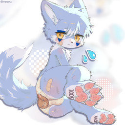 anthro band-aid band-aid_on_butt band-aid_on_face bandage bandage_on_face biped black_nose blue_body blue_fur blue_markings blue_tail blurred_background blush blush_lines bodily_fluids body_blush body_writing bulge cheek_tuft chest_tuft circle_eyebrows claws clothed clothed_anthro clothed_male clothing dipstick_tail eyebrows facial_markings facial_tuft feet fluffy fluffy_tail fur glistening glistening_eyes head_markings hindpaw inner_ear_fluff looking_back male male_anthro markings mouth_closed multicolored_body multicolored_fur pattern_clothing pattern_underwear pawpads paws pink_pawpads print_clothing print_underwear small_nose solo spots spotted_clothing spotted_underwear sweat sweaty_body tail tail_markings tears text tuft underwear underwear_only white_body white_eyebrows white_fur white_inner_ear white_inner_ear_fluff white_tail_tip writing_on_foot yellow_eyes young young_anthro young_male angrygentoo canid canine mammal 1:1 2025 artist_name digital_media_(artwork) hi_res