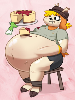 abdominal_bulge anthro beanie belly belly_expansion belly_inflation big_belly bloated blonde_hair bodily_fluids bottomwear cake cartoon_freckles cheesecake clothed clothing clothing_lift crumbs_on_face dessert disembodied_hand duo encouragement expansion feederism feeding food force_feeding forced freckled_face freckles ghost_hand hair hat headgear headwear huge_belly hyper hyper_belly inflation male male/male messy_eater motion_lines navel overeating overweight overweight_male shirt slice_of_cake solo stuffing sweat t-shirt topwear torn_clothing weight_gain ranchysnax nintendo pokemon deer deerling generation_5_pokemon mammal pokemon_(species) absurd_res hi_res