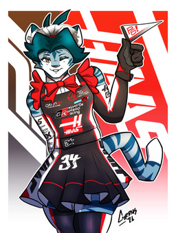 anthro blue_body blue_fur blue_hair blue_nose blue_stripes bottomwear bow_ribbon clothed clothing crossdressing dress eyeshadow femboy flag flag_(object) frilly frilly_clothing fur gloves hair hand_behind_back handwear legwear looking_at_viewer maid_headdress maid_uniform makeup male one_eye_closed orange_eyes skindentation skirt smile solo standing stripes themed_clothing thigh_highs uniform white_body white_fur wink carrus alpinestars formula_1 haas_(f1_team) pirelli toyota toyota_gazoo_racing felid mammal pantherine tiger absurd_res hi_res