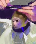 ambiguous_gender barber blank_stare brown_body brown_eyes brown_fur brush collar comb_(brush) duo feral fur hairbrush haircut painterly pale_skin scissors sitting yellow_body yellow_fur rythaze monkey_haircut haplorhine human mammal monkey primate 2020 absurd_res digital_media_(artwork) digital_painting_(artwork) hi_res meme painting_(artwork)