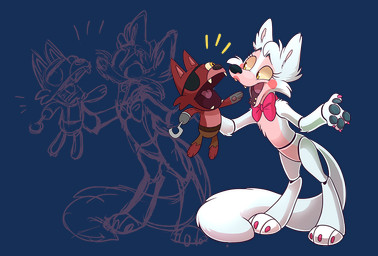 ambiguous_gender anthro blush bow_(feature) bow_tie eye_patch eyewear fluffy fluffy_tail fur hook hook_hand lipstick machine makeup open_mouth puppet red_body red_fur simple_background solo tail transparent_background white_body white_fur yellow_eyes not-a-comedian five_nights_at_freddy's five_nights_at_freddy's_2 scottgames foxy_(fnaf) mangle_(fnaf) animatronic canid canine fox mammal robot alpha_channel sketch