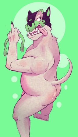 animal_mask anthro bdsm belly butt collar flaccid genitals gesture hand_gesture male mask middle_finger overweight penis petplay pup_mask puppyplay roleplay solo tail tongue tongue_out lilyeener bull_terrier canid canine canis domestic_dog humanoid hunting_dog mammal terrier hi_res