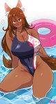 anthro big_breasts blush breasts brown_body brown_eyes brown_fur brown_hair cleavage clothed clothing female female_anthro fur hair inflatable inner_tube kemono kneeling long_hair looking_at_viewer one-piece_swimsuit solo swimwear water lightsource angel_(lightsource) canid canine mammal absurd_res hi_res