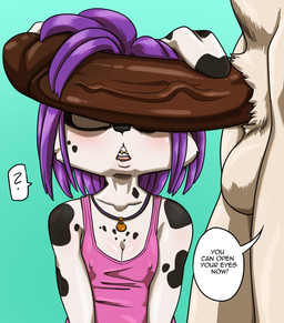 adolescent adult_on_adolescent age_difference anthro balls blush braces breasts clothing dialogue duo erection female fur genitals hair humanoid_genitalia humanoid_penis male male/female markings nipple_outline older_male penis penis_covering_eyes simple_background speech_bubble spots standing teeth text tongue vein veiny_penis young young_anthro young_female younger_female daigaijin canid canine canis dalmatian domestic_dog mammal 2026 digital_media_(artwork) english_text hi_res