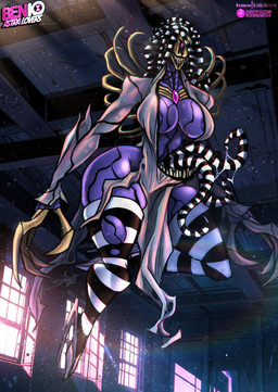 1_eye 4_fingers big_breasts breasts clothing crossgender cuff_(restraint) eyelashes female fingers floating footwear front_view heart_symbol high_heels nipples pink_eyes pseudo_hair purple_body purple_nipples restraints shackles shoes solo tentacle_hair tentacles thick_thighs wide_hips bluewolfartista ben_10 cartoon_network chaquetrix zs'skayr alien alien_humanoid ectonurite ghost humanoid spirit hi_res