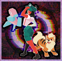 ambiguous_gender black_eyes black_hair blue_body clothed clothing female feral fur group hair hat headgear headwear multicolored_body open_mouth orange_body paws red_body shirt smile striped_body striped_fur stripes tail tongue topwear trio two_tone_body white_body namosaga ena:_dream_bbq ena_(series) nintendo pokemon ena_(dream_bbq) digital_creature ena_(species) generation_1_pokemon growlithe humanoid mammal pokemon_(species) porygon crossover digital_media_(artwork) hi_res