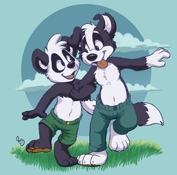 anthro black_body black_fur blue_bottomwear blue_clothing blue_pants bottomwear clothed clothing dipstick_tail duo floppy_ears front_view fur glistening glistening_eyes gloves_(marking) grass green_bottomwear green_clothing green_shorts happy logo male male_anthro markings open_mouth open_smile outside pants plant shorts smile tail tail_markings topless white_body white_fur young young_anthro young_male pandapaco parinton roni_(imroni) bear border_collie canid canine canis collie domestic_dog giant_panda herding_dog mammal pastoral_dog sheepdog artist_logo signature