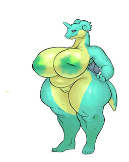 1_horn anthro areola big_breasts blue_body blue_horn blue_scales breasts ear_piercing eyelashes female front_view genitals green_areola green_nipples hand_on_hip horn huge_breasts inverted_nipples looking_at_viewer nipples nude overweight overweight_female piercing pokemorph purple_eyes scales shell simple_background smile solo thick_thighs vulva white_background wide_hips yellow_body yellow_scales necroeddie nintendo pokemon generation_1_pokemon lapras pokemon_(species) absurd_res hi_res