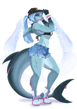 anthro baseball_cap big_tail bikini bikini_top bottomwear breasts clothing daisy_dukes denim denim_bottomwear denim_clothing denim_shorts dorsal_fin eyeshadow facial_piercing female fin fin_piercing footwear freckled_face freckled_legs freckled_shoulders freckled_thighs freckles furgonomics furry-specific_piercing grey_body grey_skin hair hat headgear headwear hotpants makeup navel non-mammal_breasts non-mammal_navel nose_piercing nose_ring piercing ponytail ring_piercing scar sharp_teeth shoes shorts side_view small_breasts sneakers solo swimwear tail tail_fin teeth thick_tail two-piece_swimsuit wristband x_scar tovio_rogers jawlene_(herny) fish marine shark 2025 absurd_res hi_res