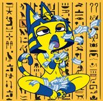 anthro blue_hair bob_cut convenient_censorship cupped_hands fangs female fur hair half-closed_eyes hieroglyphics looking_up markings narrowed_eyes navel nude open_mouth pawpads short_hair sitting solo striped_markings striped_tail stripes suggestive tail tail_markings teeth ticket tongue tongue_out yellow_body yellow_fur zone animal_crossing nintendo ankha_(animal_crossing) domestic_cat felid feline felis mammal 2020 absurd_res hi_res