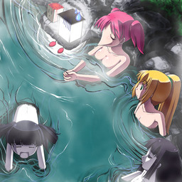 anthro bathing beak big_breasts black_hair blonde_hair breasts clasped_hands detailed_background female for_a_head group hair hot_spring lamp lantern male not_furry nude partially_submerged pigtails pink_hair pond ponytail rock sitting water rapama yume_nikki monoe monoko poniko animal_head animal_humanoid animate_inanimate avian humanoid toriningen 1:1 2010 aliasing digital_media_(artwork) hi_res