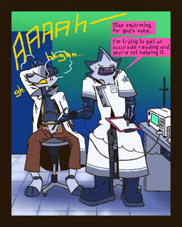 ambiguous_gender anthro blush breath clothed clothing coat covering covering_face duo featureless_crotch gaping_mouth lab_coat laboratory laboratory_equipment machine null null_stimulation open_mouth panting scientific_instrument simple_background squirming taking_notes text topwear writing_text cammohu ambiguous_species robot_anthro 4:5 absurd_res colored digital_drawing_(artwork) digital_media_(artwork) english_text hi_res