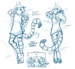 :3 anthro blue_and_white bottomless butt casual_exposure clothed clothing comic conditional_dnp crossed_legs curled_up dialogue digitigrade english_text eyes_closed felid female flora_(twokinds) fur heart_symbol human keidran lying male male/female mammal monochrome on_back on_front pantherine pawpads pillow pose simple_background sketch smile smirk solo striped_body striped_fur stripes tail text tiger tom_fischbach trace_legacy twokinds white_background