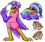 anthro avian chest_tuft claws clothing egg female garten_of_banban garten_of_banban_reincarnated hat headgear headwear hi_res looking_at_viewer nest night_cap nightcap official_art opila_(reincarnated) pillow pincerprod pink_body rosy_cheeks solo toe_claws tuft