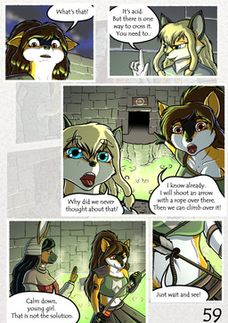anthro big_breasts black_hair blonde_hair blue_eyes breasts brown_body brown_eye brown_eyes brown_fur brown_hair dialogue fantasy female fur hair large_spitz long_hair markings medieval red_eyes spots spotted_body spotted_fur text the_quest_for_quests white_body white_fur yellow_body yellow_fur zaiksmckraven tqfq grace_o'malley madlaine_mckraven megan_bryar canid canine canis domestic_dog fox german_spitz lagomorph leporid mammal rabbit spitz absurd_res comic english_text hi_res