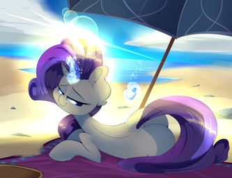 bare_back beach beach_umbrella big_butt blue_eyes butt curly_hair cutie_mark day detailed_background eyelashes female feral fur hair half-closed_eyes horn looking_at_viewer magic narrowed_eyes nude on_towel outside parasol purple_hair sand seaside sky smile solo sun towel umbrella water white_body white_fur madacon friendship_is_magic hasbro my_little_pony mythology rarity_(mlp) equid equine mammal mythological_creature mythological_equine unicorn hi_res