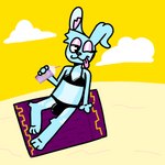 anthro beach beverage bikini bulge clothing fur gynomorph intersex seaside sitting smile solo swimwear tongue tongue_out towel two-piece_swimsuit taylore grimace_shake mcdonald's bubblegum_(taylore) lagomorph mammal 1:1 hi_res meme trans_(lore) trans_woman_(lore)