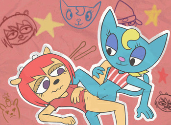 anthro blue_body blue_fur bodily_fluids duo female female/female fur genital_fluids hair red_hair sex tribadism vaginal vaginal_fluids weirdkoaladream parappa_the_rapper sony_corporation sony_interactive_entertainment um_jammer_lammy katy_kat lammy_lamb bovid caprine domestic_cat felid feline felis mammal sheep animated