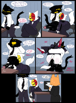 anthro anthro_on_anthro anthro_penetrated anthro_penetrating anthro_penetrating_anthro assertive_anthro assertive_female balls black_body black_fur blush bodily_fluids bottomless breasts clothed clothing dialogue erection expressive_mask female female_anthro female_penetrated from_behind_position full_nelson full_nelson_(legs_held) full_nelson_position fur genital_fluids genitals glans group hair handjob handjob_from_behind male male/female male_anthro male_penetrating male_penetrating_female mask open_mouth orange_hair penetration penile penile_penetration penis penis_in_vagina precum public_erection sex speech_bubble tail tenting text topwear trio unprofessional_behavior unwanted_erection vaginal vaginal_penetration wearing_mask white_body white_fur yellow_sclera snazzle_snapp domestic_cat felid feline felis mammal comic english_text hi_res