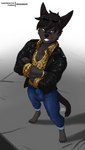 anthro bulge clothed clothing detailed_bulge eyewear genital_outline grin jacket leather leather_clothing leather_jacket leather_topwear looking_at_viewer male sheath_outline simple_background smile solo sunglasses tail topwear masamaki canid canine canis mammal wolf digital_media_(artwork) hi_res