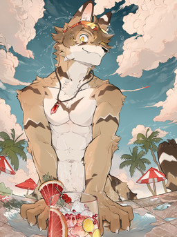 anthro athletic athletic_anthro athletic_male brown_body brown_fur cloud container cup cute_fangs fangs fur grapefruit hair ice looking_at_viewer male multicolored_body multicolored_fur nude ocelli_(marking) palms pubes sky solo striped_body striped_fur stripes swimming_pool tail tan_body tan_fur teeth tuft umbrella wet wet_body wet_fur white_body white_fur yellow_eyes luxury_gin scooter_(luxury_gin) felid feline mammal serval 2025 absurd_res hi_res