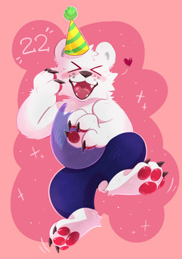 >w< anthro birthday birthday_gift blush blush_lines chibi claws clothing cute_fangs eyes_closed fangs female fur hat headgear headwear heart_symbol number party_hat pawpads simple_background smile solo teeth white_body white_fur darkolynx bear mammal polar_bear ursine digital_media_(artwork) hi_res