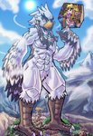 abs anthro beak biped clothing cloud divine_beast feathers featureless_crotch feet group holding_object larger_male macro male mountain multiple_angles muscular muscular_male nude open_mouth outside size_difference smaller_male solo_focus standing surprise talons toes village white_body white_feathers winged_arms wings mrease breath_of_the_wild nintendo the_legend_of_zelda divine_beast_vah_medoh link teba_(tloz) avian humanoid hylian rito hi_res