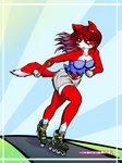 action_pose anthro bottomwear breasts clothing female inline_skates pose roller_skates shorts solo speed sport pinkina canid canine fox mammal red_fox true_fox hi_res