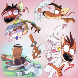 angry anthro black_eyes black_nose blush blush_lines bodily_fluids brown_body brown_claws brown_ears brown_fur brown_hair buckteeth carrying_another chest_tuft claws clenched_teeth cuff_(restraint) duo eye_contact eyes_closed face_to_face fur gesture grass green_eyes hair half-closed_eyes hand_behind_head hand_behind_own_head hand_gesture hand_holding hand_on_arm hand_on_belly happy holding_another long_ears looking_at_another love lying male male/male multicolored_body multicolored_fur narrowed_eyes on_back one_eye_closed pink_nose plant pose restraints scut_tail short_tail size_difference smile sweat tail tan_body tan_fur teeth three-quarter_view tuft v_sign white_body white_ears white_fur white_hair white_tail white_tuft wire yellow_sclera 8-bit-britt crystal_dynamics whiplash_(game) redmond_(whiplash) spanx_(whiplash) lagomorph leporid mammal mustelid musteline rabbit true_musteline weasel 1:1 2023 digital_media_(artwork) hi_res