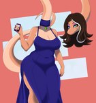 abstract_background anthro belly big_breasts blue_clothing blue_dress blue_eyes breasts brown_body brown_hair brown_scales cellphone claws cleavage clothed clothing curvy_figure dress ear_piercing ear_ring electronics eyelashes eyeshadow female finger_claws freckles hair heterochromia highlights_(coloring) huge_hips huge_thighs long_hair long_neck long_tail looking_at_viewer makeup mature_anthro mature_female multicolored_body multicolored_hair multicolored_scales phone piercing purple_claws purple_eyeshadow ring_piercing scales slightly_chubby smartphone smile snout solo tail tan_body tan_scales teal_eyes thick_thighs two_tone_body two_tone_hair two_tone_scales voluptuous voluptuous_anthro voluptuous_female white_highlights wide_hipped_anthro wide_hipped_female wide_hips garavakarian cavemanon_studios snoot_game esmeralda_(violetbrontosau) fan_character violet_(violetbrontosau) brontosaurus dinosaur diplodocid prehistoric_species reptile sauropod sauropodomorph scalie 2025 absurd_res digital_drawing_(artwork) digital_media_(artwork) hi_res