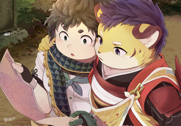 anthro asian_clothing black_hair clothing duo east_asian_clothing fur hair japanese_clothing male map purple_hair slightly_chubby striped_body striped_fur stripes yellow_body yellow_fur hijirinoyuta tamacolle kai_(tamacolle) felid human mammal pantherine tiger hi_res