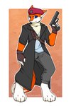 anthro beret blue_eyes clothing coat fur gun handgun hat headgear headwear male orange_body orange_fur pistol ranged_weapon solo topwear weapon yellowaht marin_lisicin_(agent_fox45) canid canine fox mammal 2:3 absurd_res hi_res