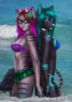 5_fingers anthro bikini blue_hair blue_nose breasts clothed clothing day duo ear_piercing eyewear female fingers glasses green_hair hair legs_in_water looking_at_viewer outside partially_submerged piercing pink_eyes pink_hair purple_eyes smile submerged_legs swimwear two-piece_swimsuit water wet etskuni chrissy_(geekiestgeeker) freya_(zionsangel) canid canine canis felid mammal wolf 2018 digital_media_(artwork) hi_res