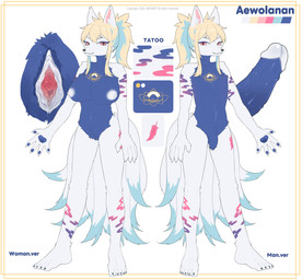 anthro cervix female genitals inner_labia male nipples penis solo tattoo vulva matmat aewolnan canid canine fox fox_spirit mammal absurd_res hi_res model_sheet
